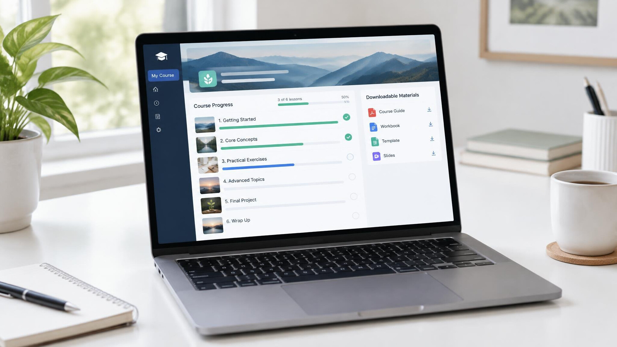 Laptop with an online course dashboard showing lesson progress