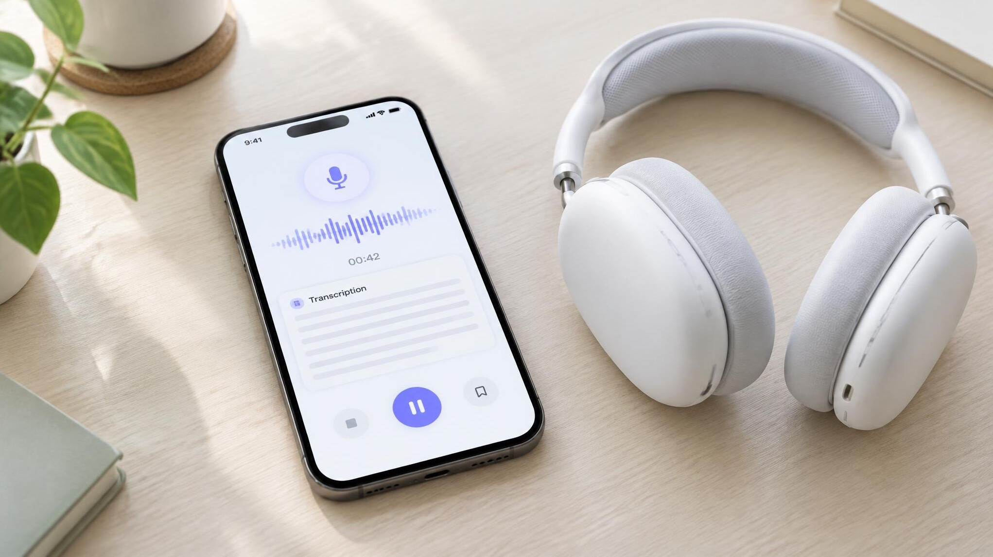 Smartphone with voice assistant and meeting notes app next to wireless headphones