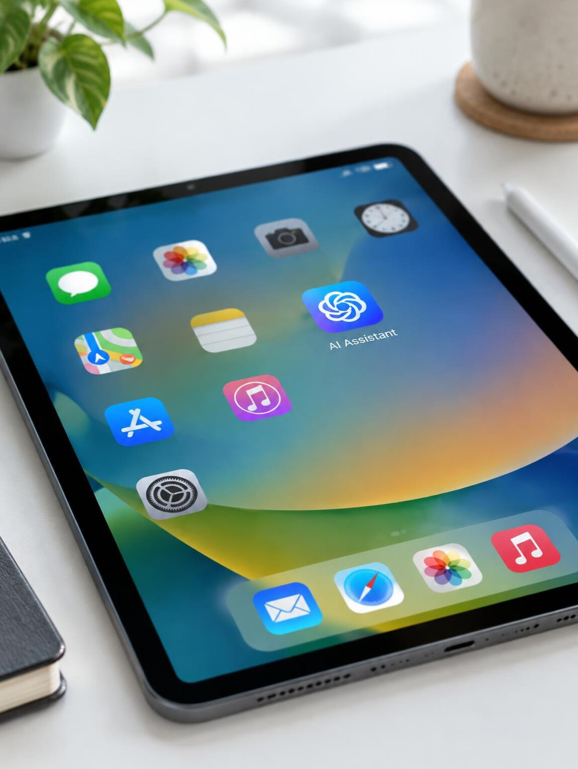 Tablet with colourful app icons and an AI assistant app close-up