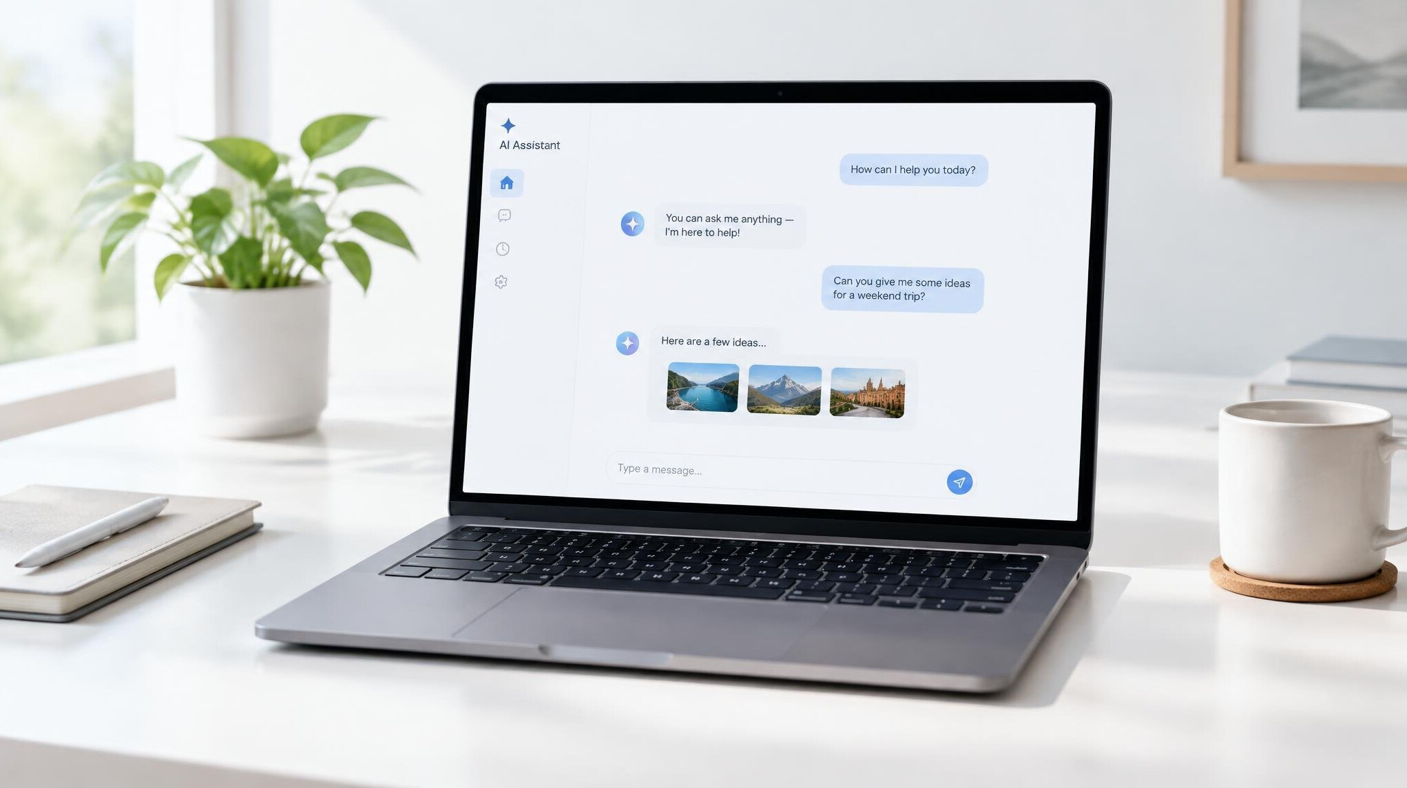 Laptop screen with an AI chat assistant interface on a clean desk