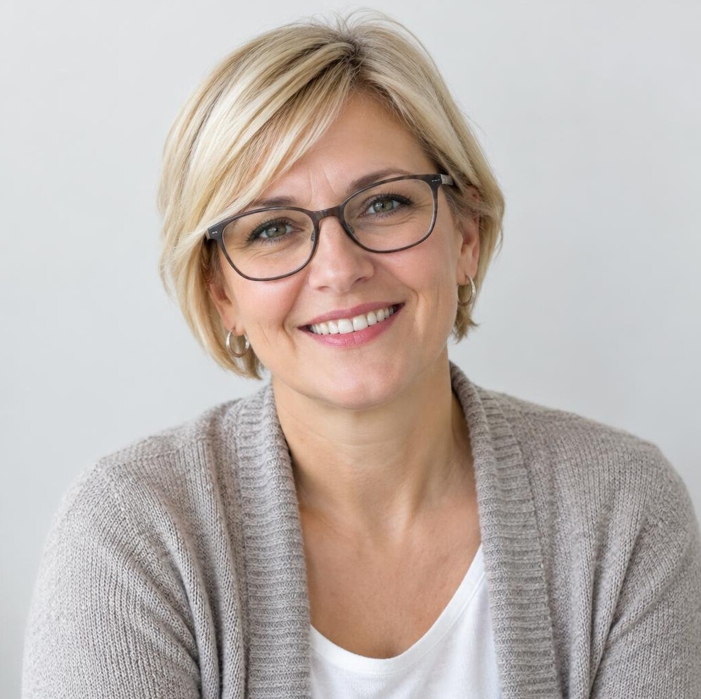 Portrait of a Croatian woman in her forties with glasses smiling