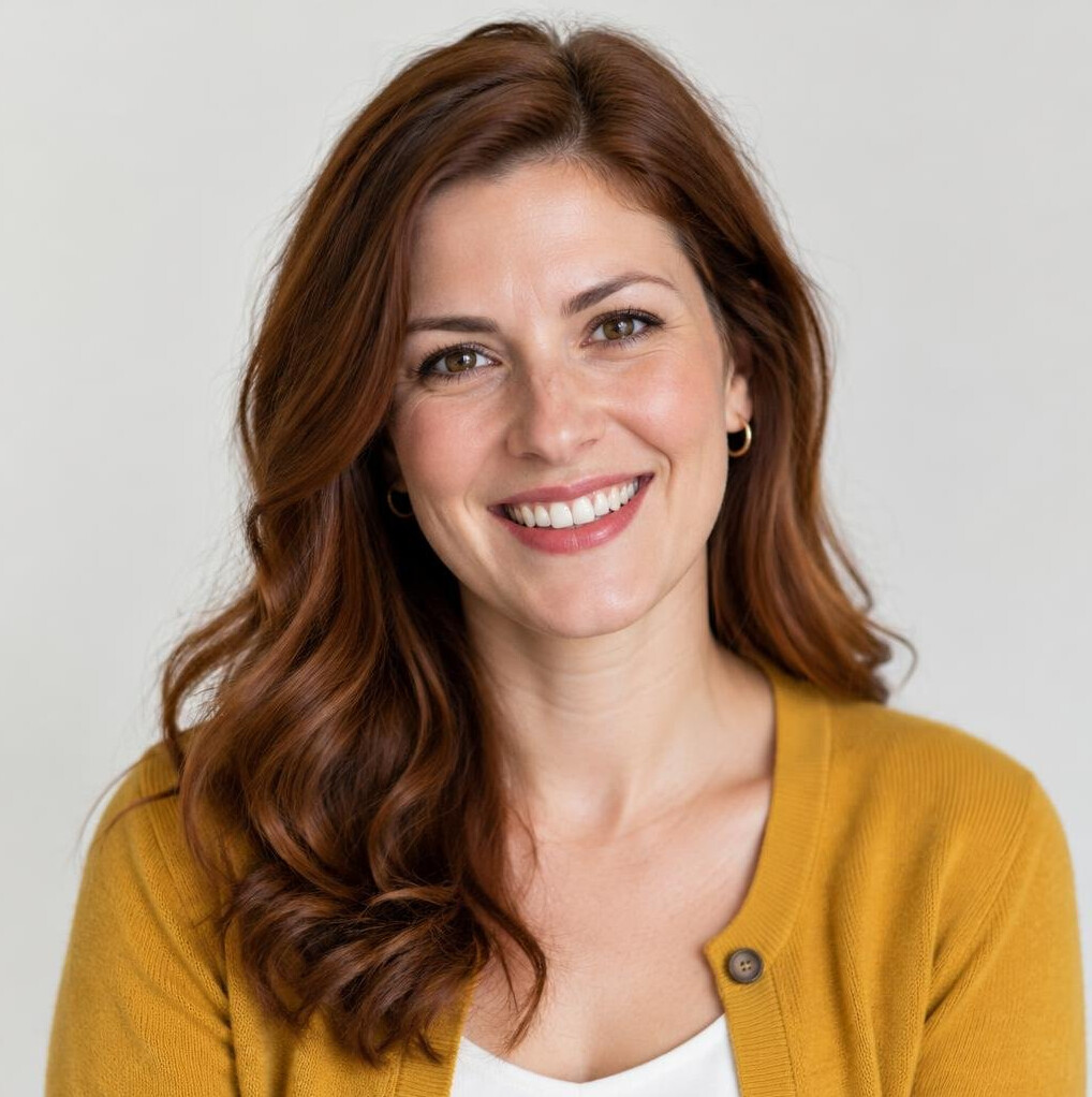 Portrait of a smiling Croatian woman mentor with red-brown hair