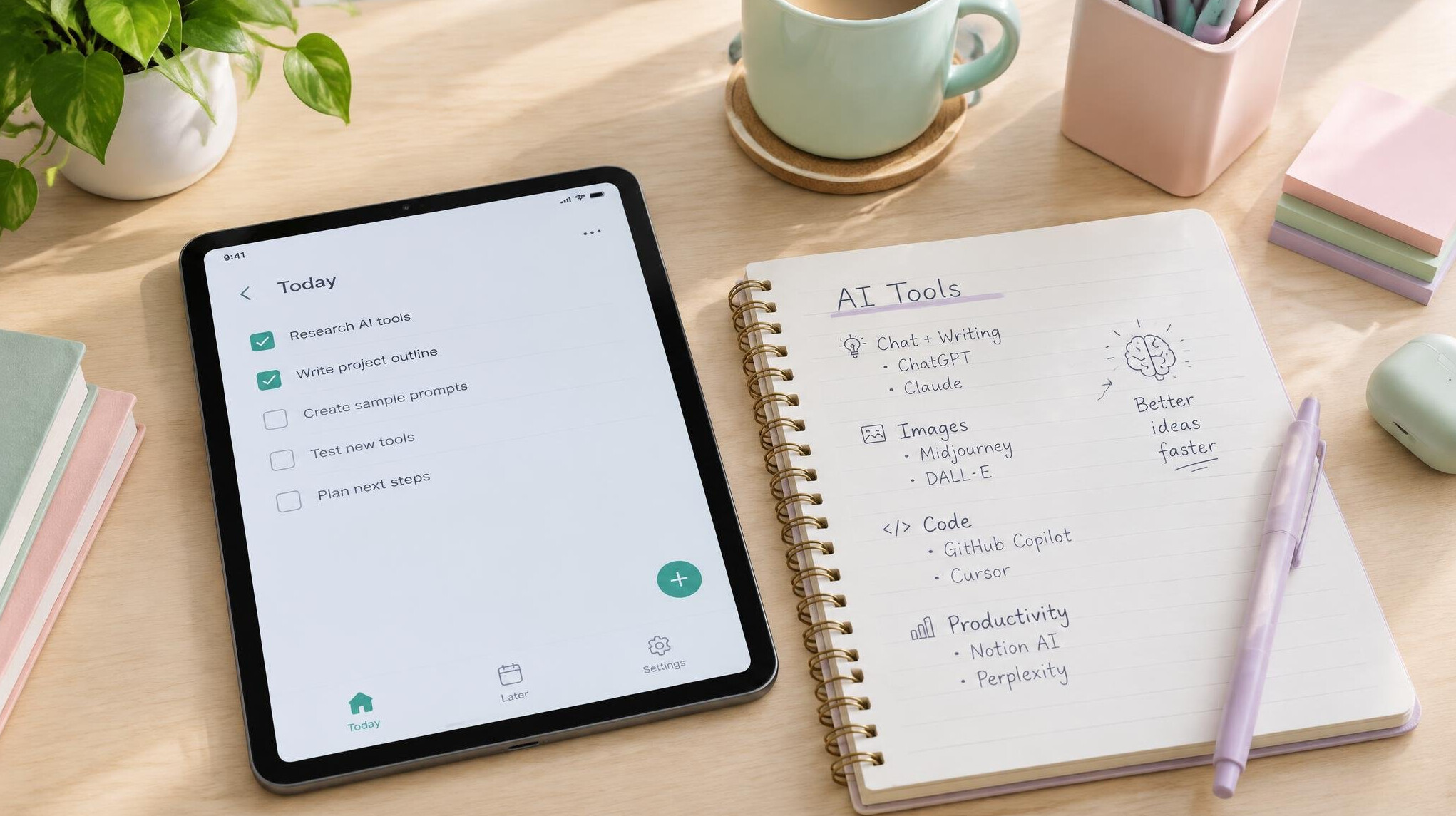 Tablet with a checklist app and notebook with handwritten notes about AI tools