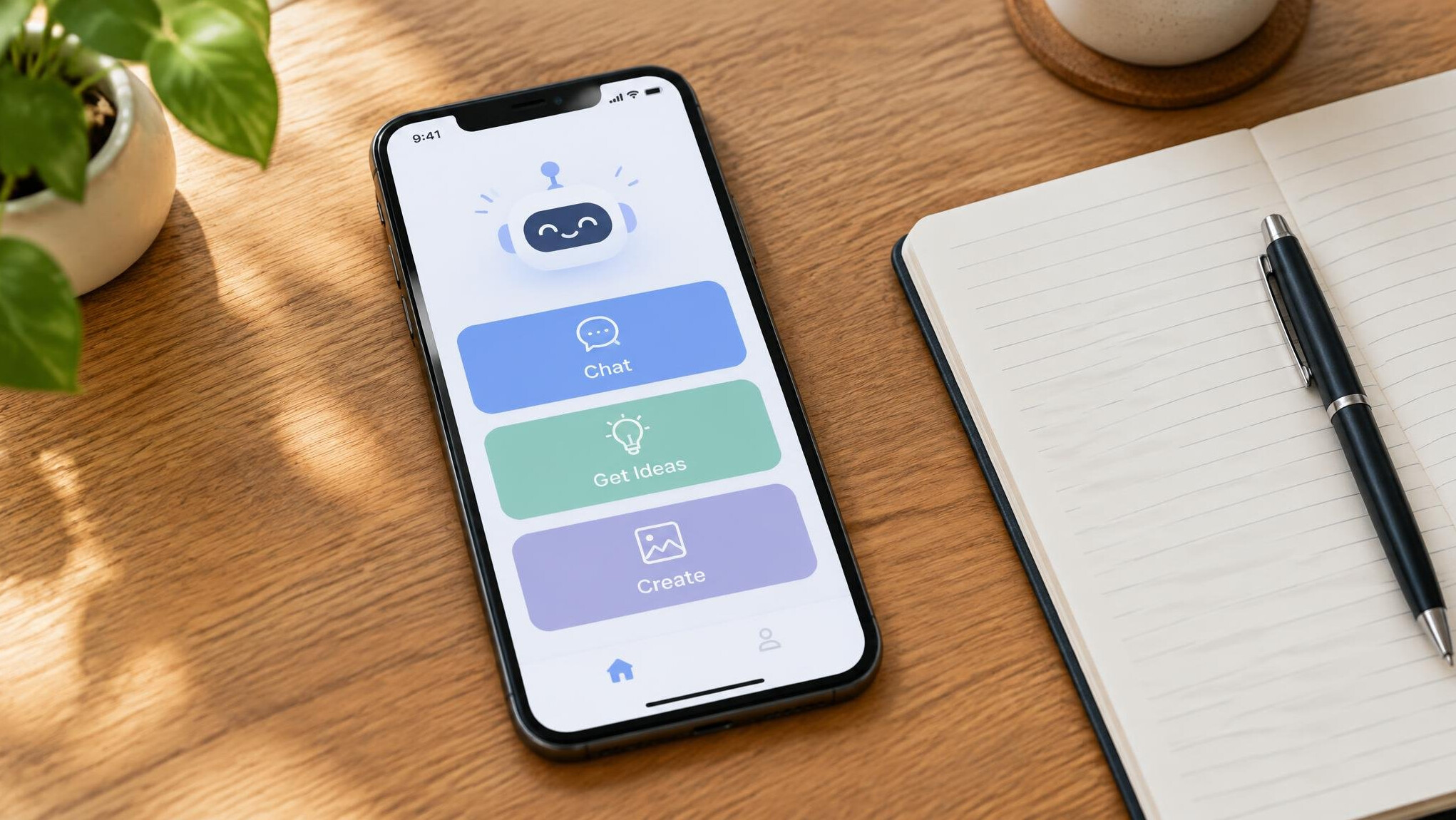 Smartphone with a simple AI app interface on a wooden desk next to a notebook