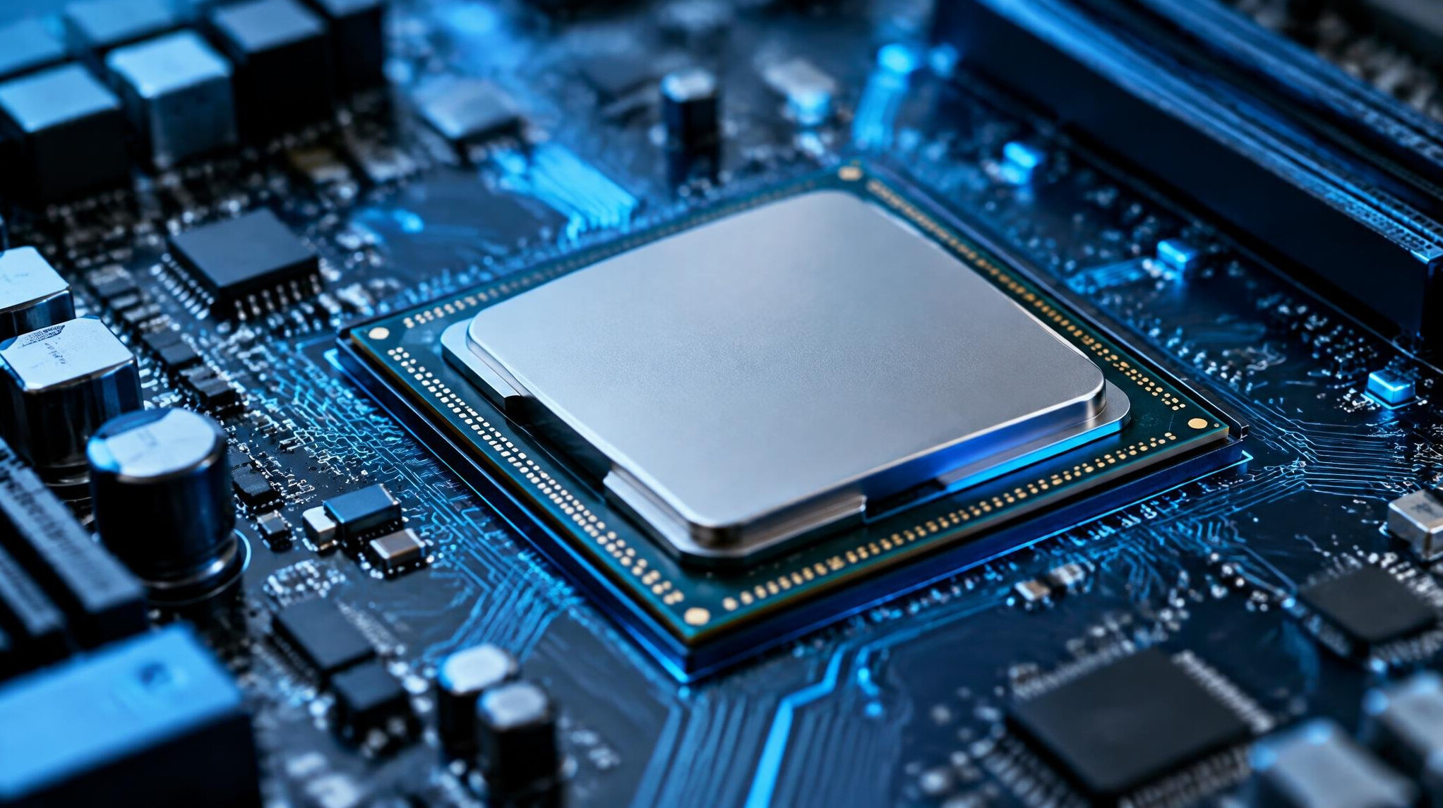 Close-up of a computer processor chip on a circuit board with blue light