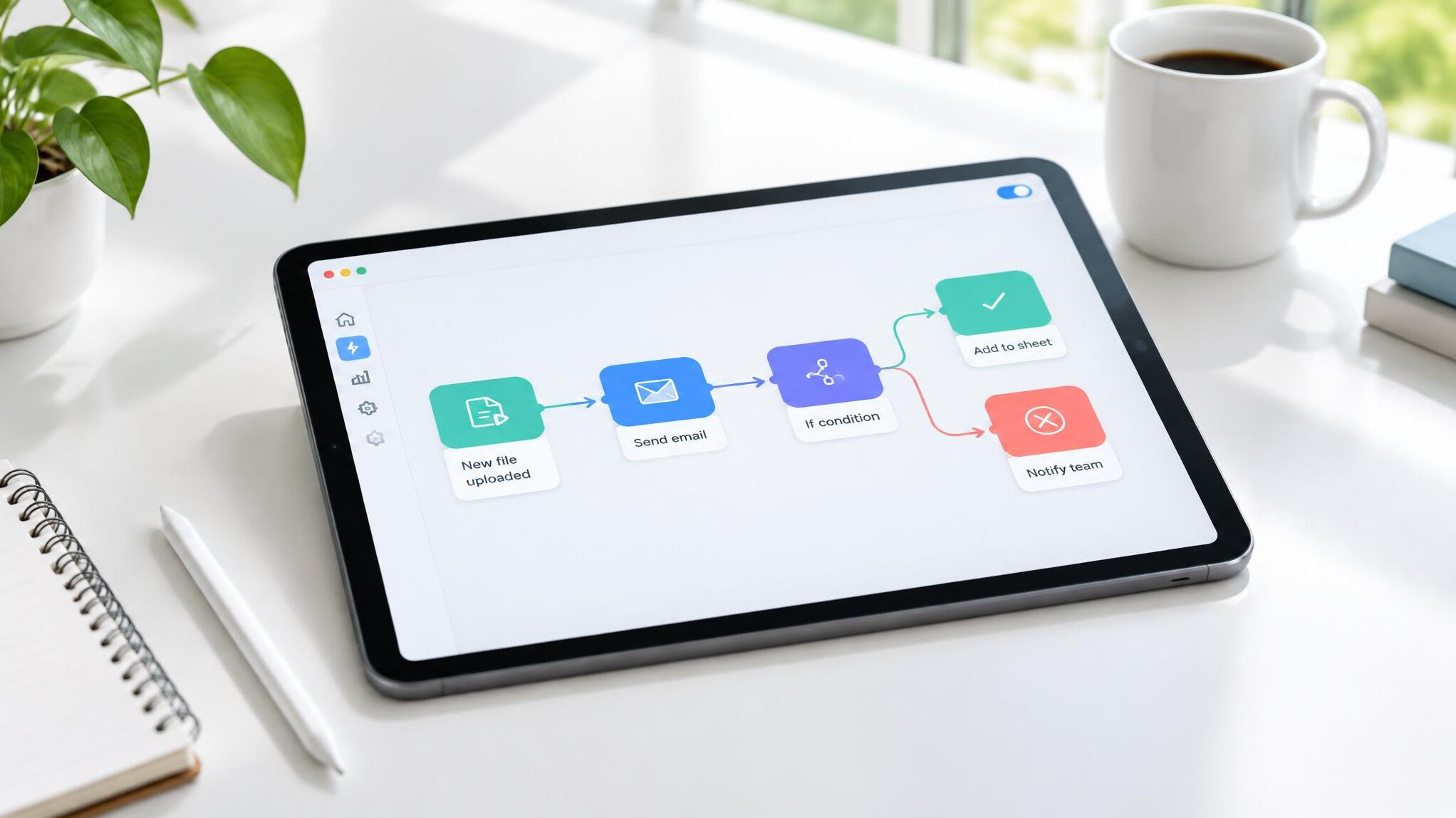 Tablet showing a simple no-code automation workflow diagram