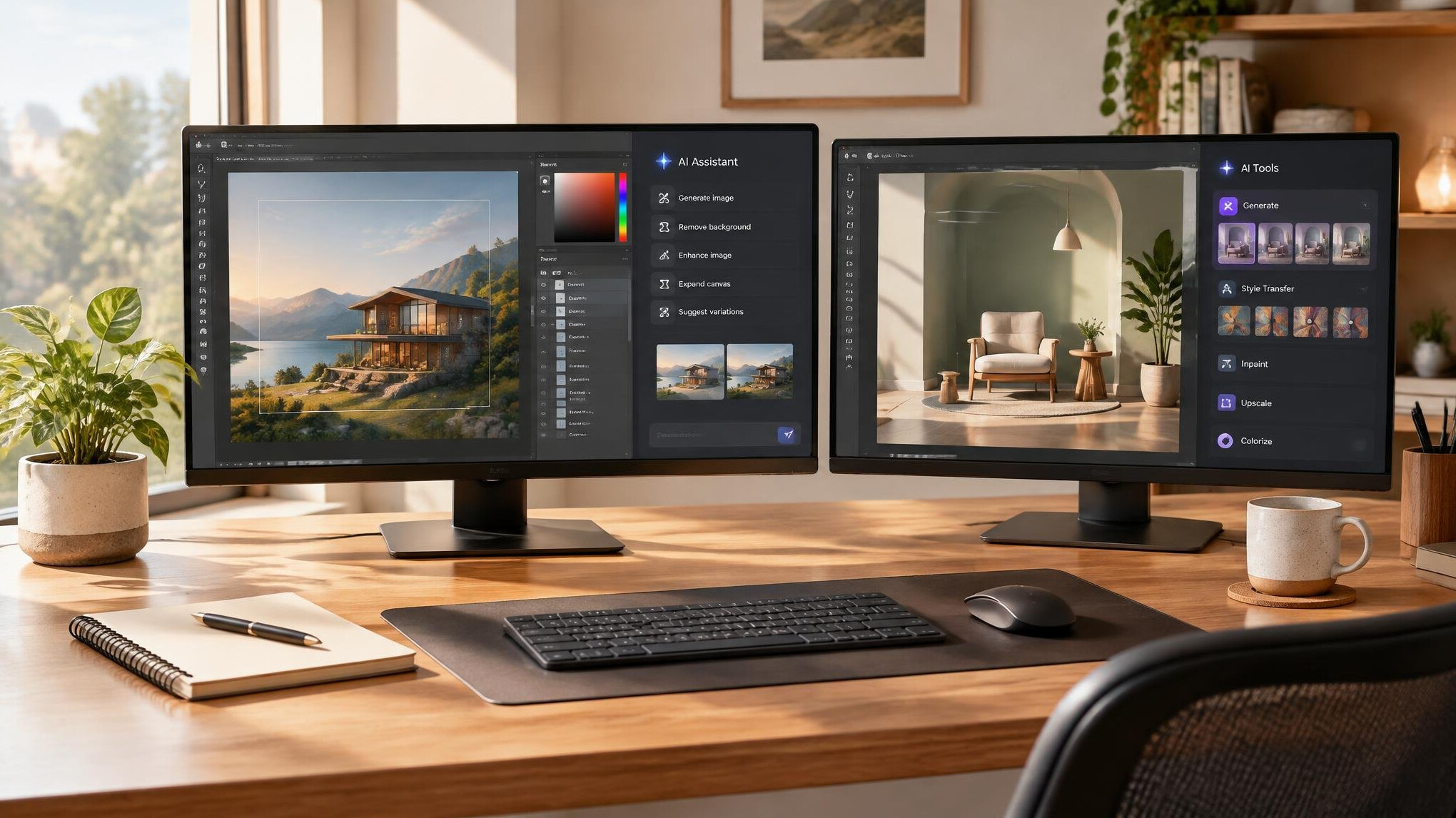 Two monitors showing design software with AI tools on a tidy desk