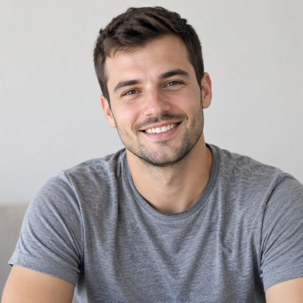 Portrait of a smiling Croatian man in his late twenties with short dark hair