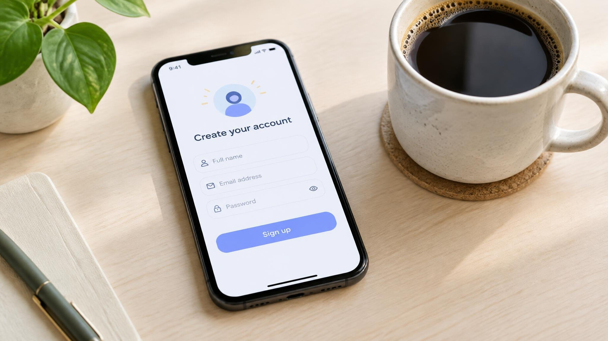 Smartphone with a simple sign-up form app next to a coffee cup